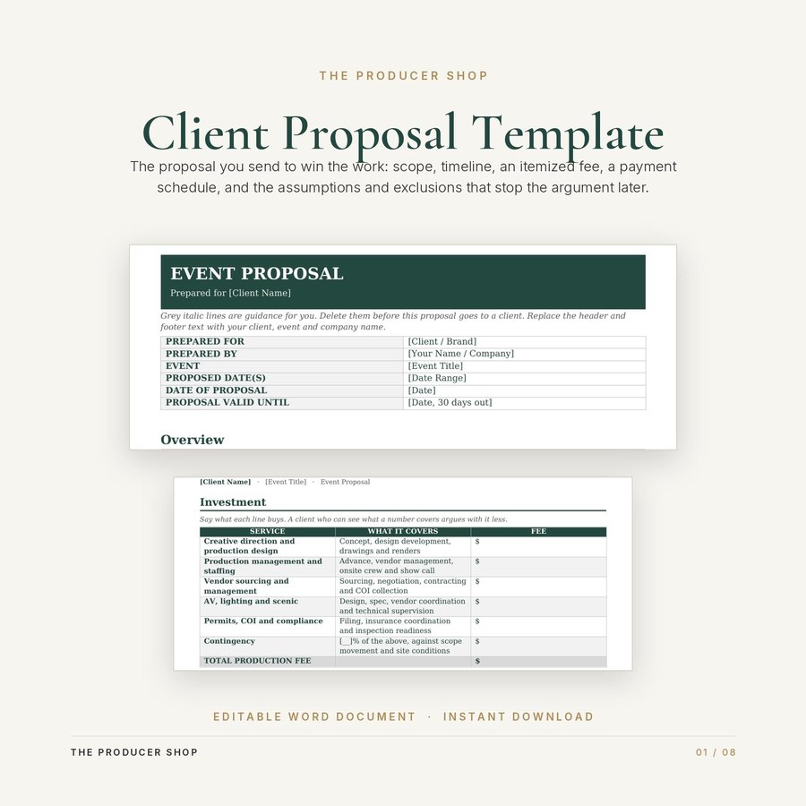 Client Proposal, event production template by The Producer Shop
