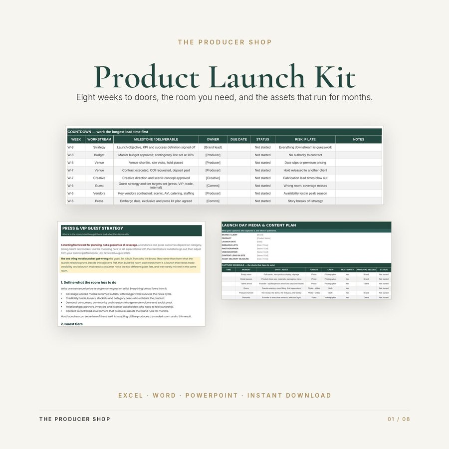 Product Launch Kit, event production template by The Producer Shop