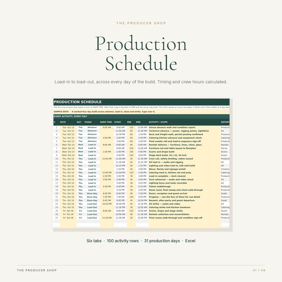 Production Schedule, event production template by The Producer Shop