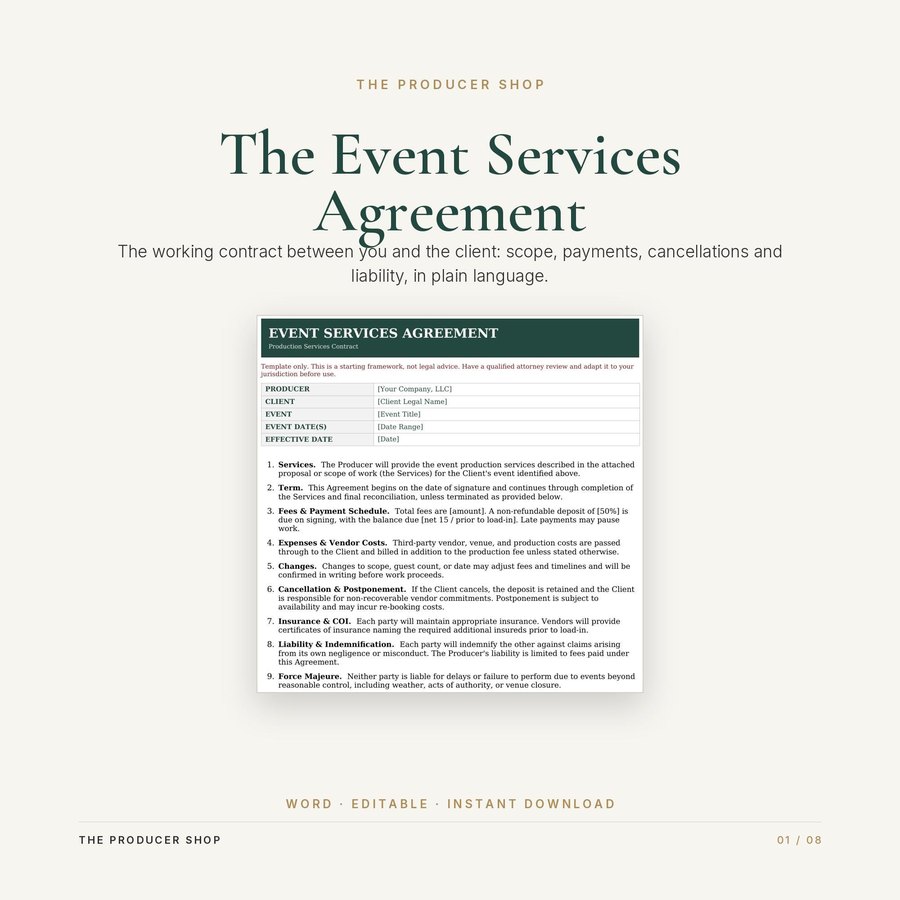 Services Agreement, event production template by The Producer Shop