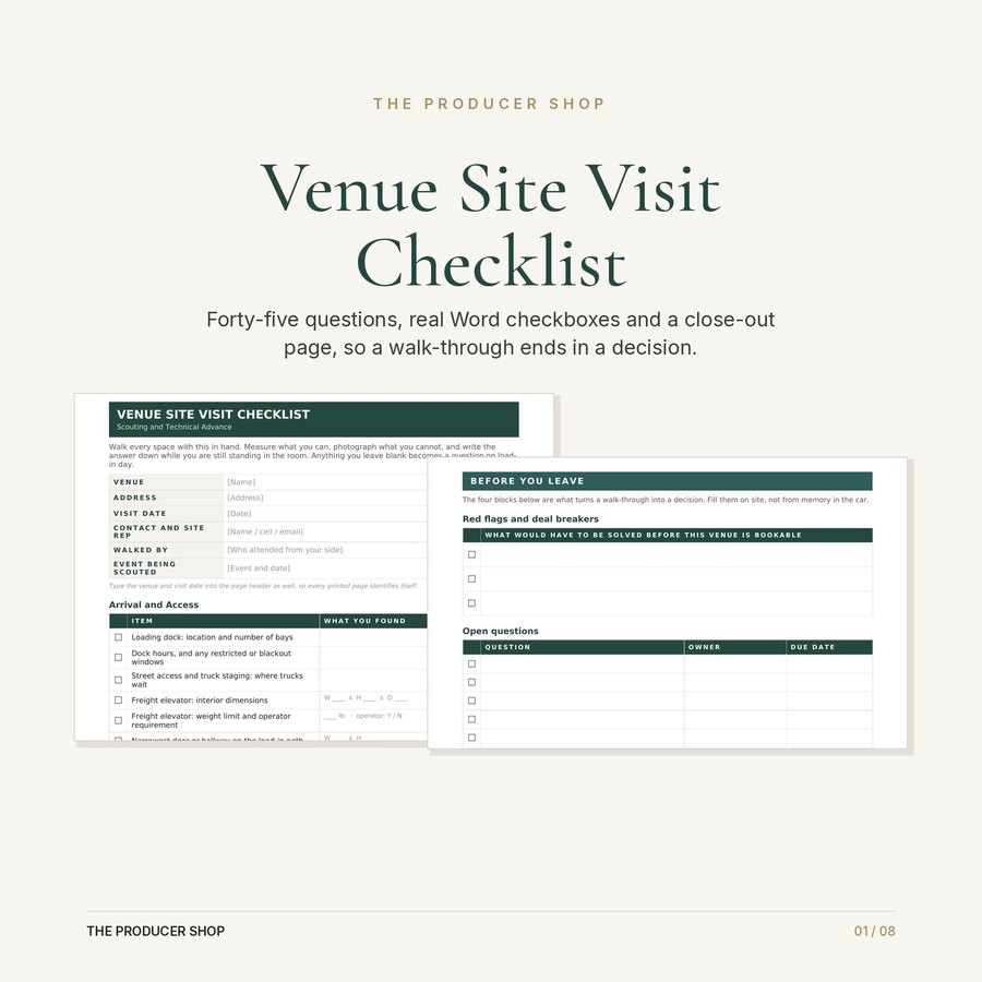 Venue Site Visit Checklist, event production template by The Producer Shop